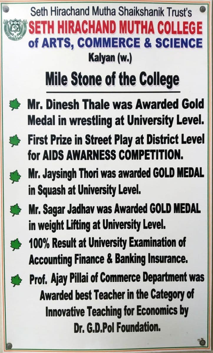 College milestones — Seth Hirachand Mutha College