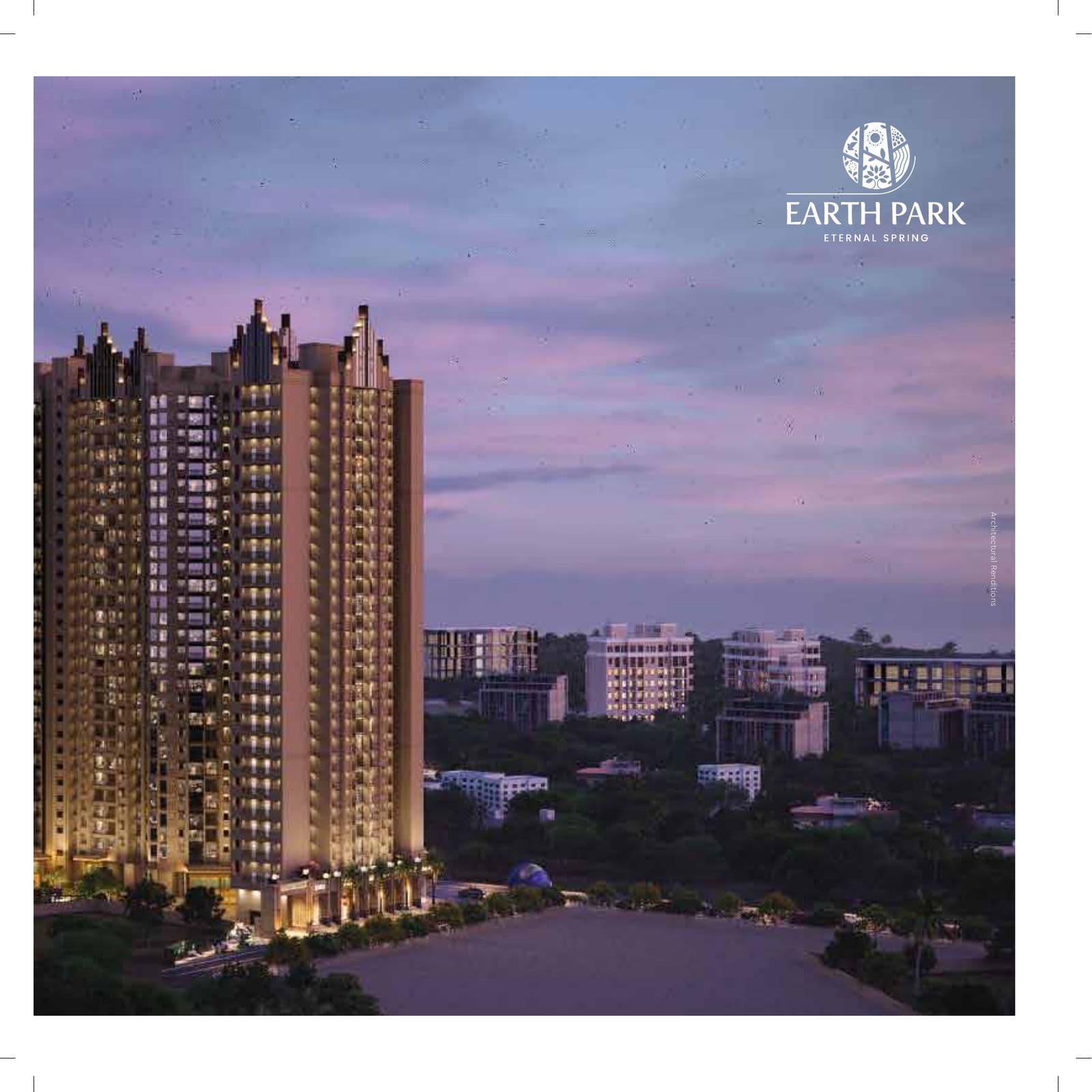 Earth Park towers glowing over the lake at dusk — a Mutha Construction development in Kalyan