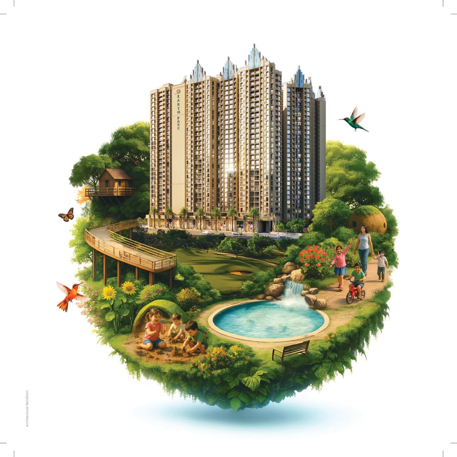 Earth Park — the towers rising from a landscaped green world, from the project brochure