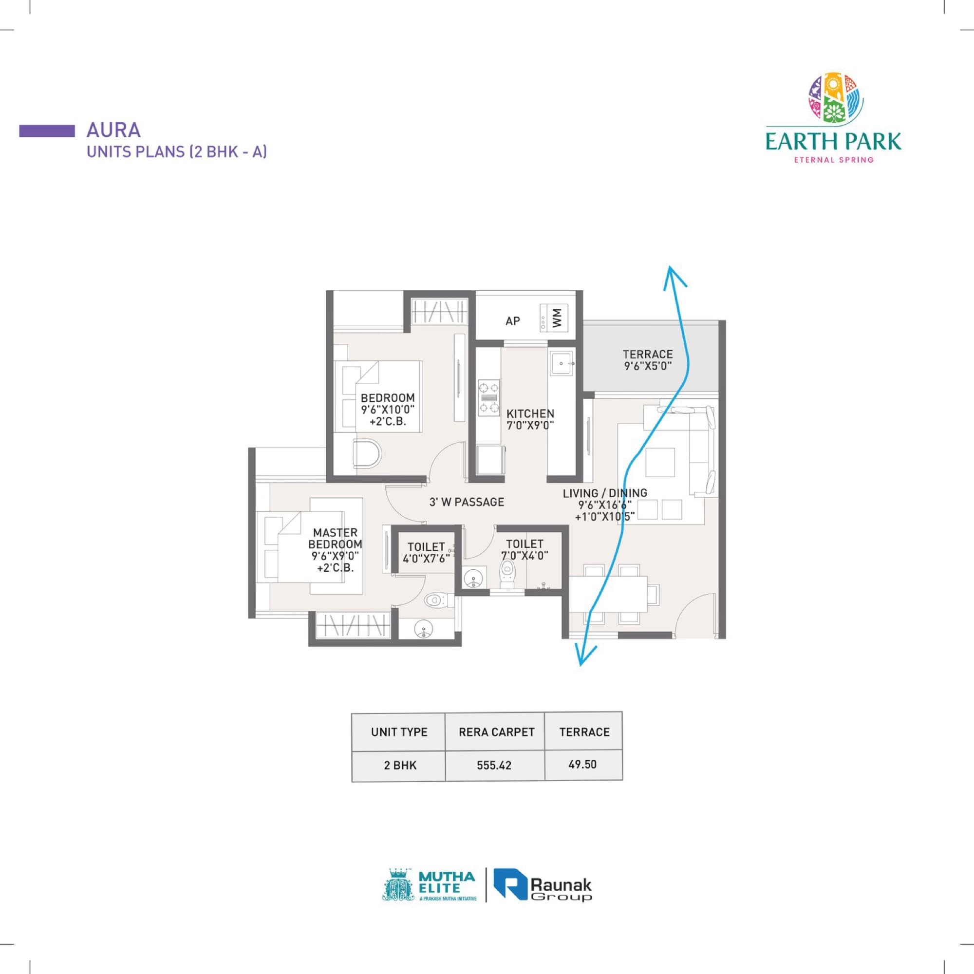 Aura 2 BHK-A unit plan — 555.62 sq ft RERA carpet