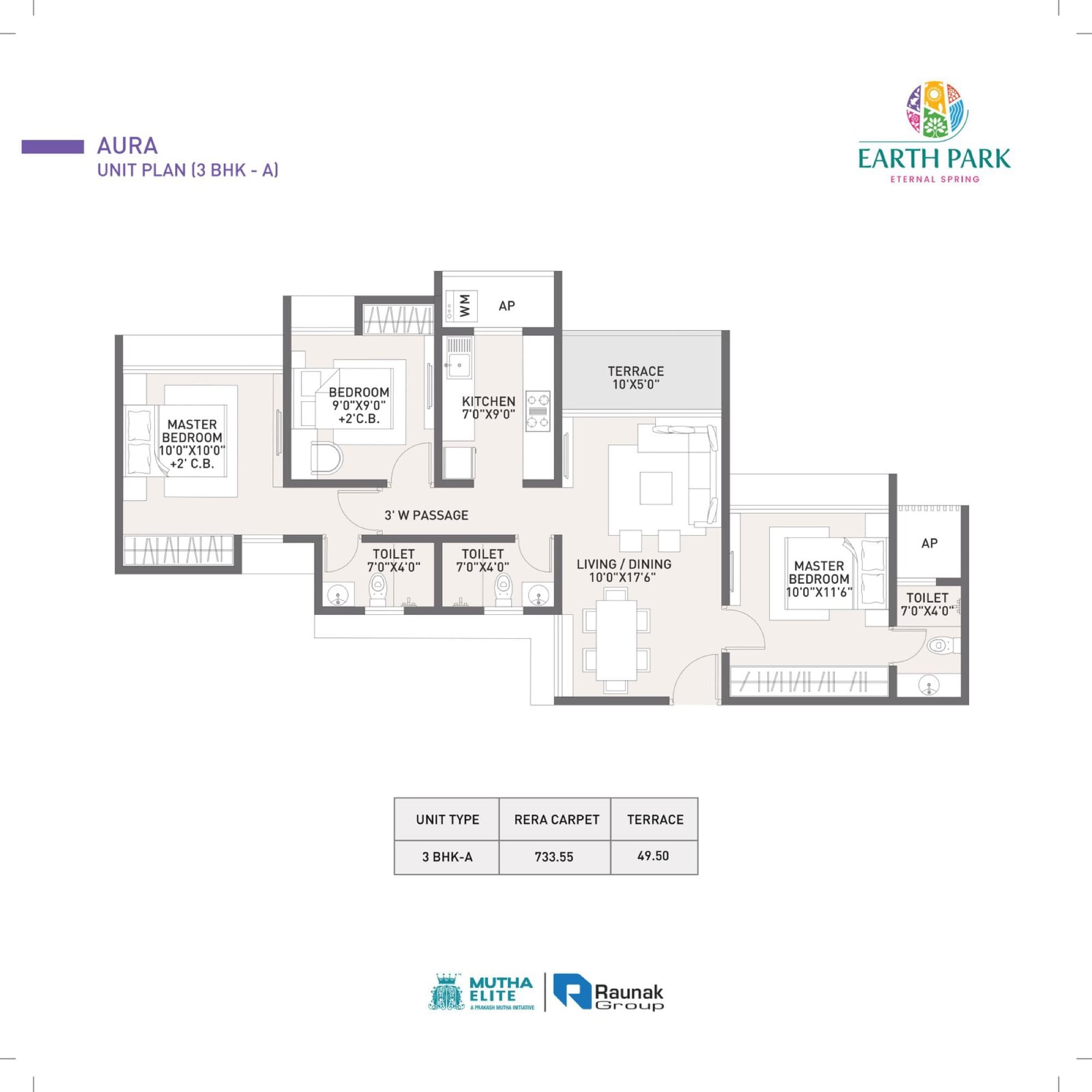 Aura 3 BHK-A unit plan — 733.55 sq ft RERA carpet