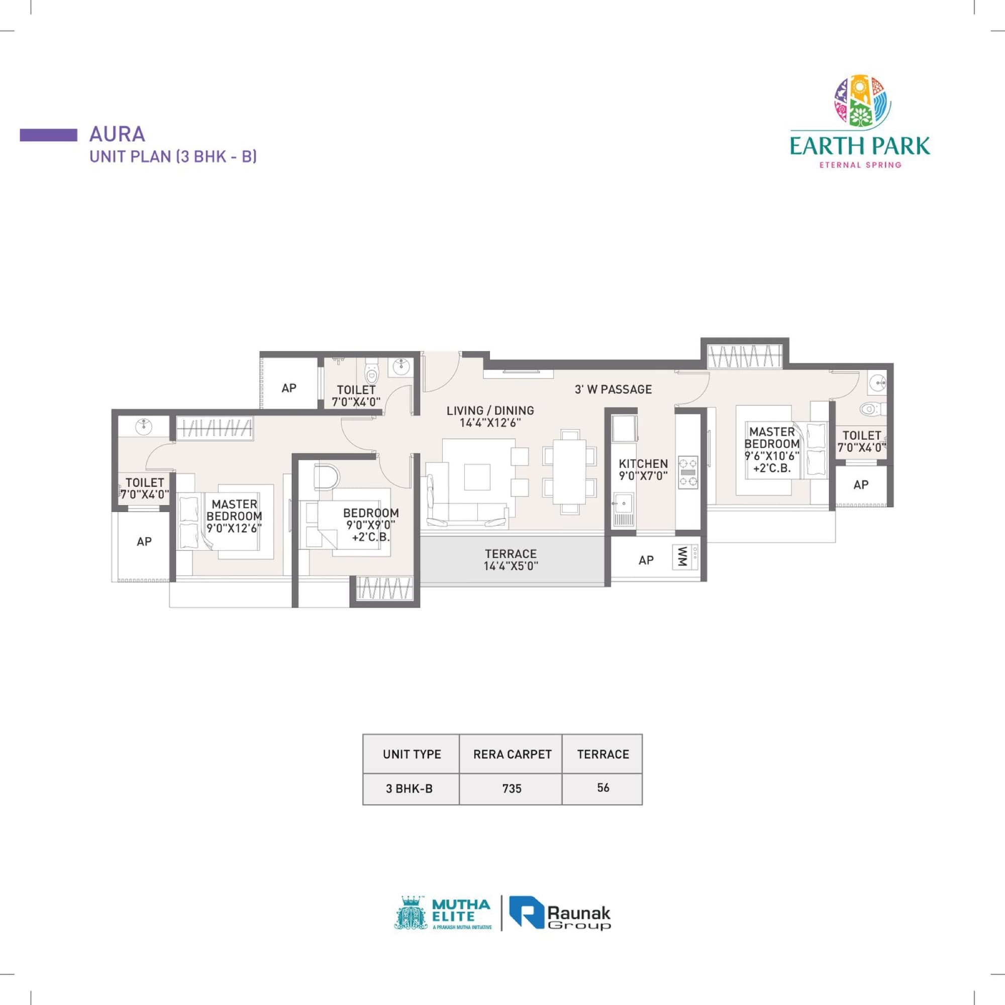Aura 3 BHK-B unit plan — 735 sq ft RERA carpet
