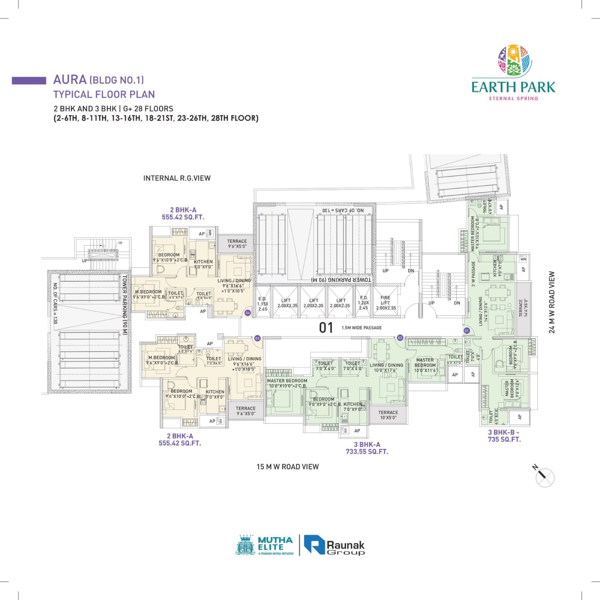 Aura (Building 1) typical floor plan — 2 & 3 BHK